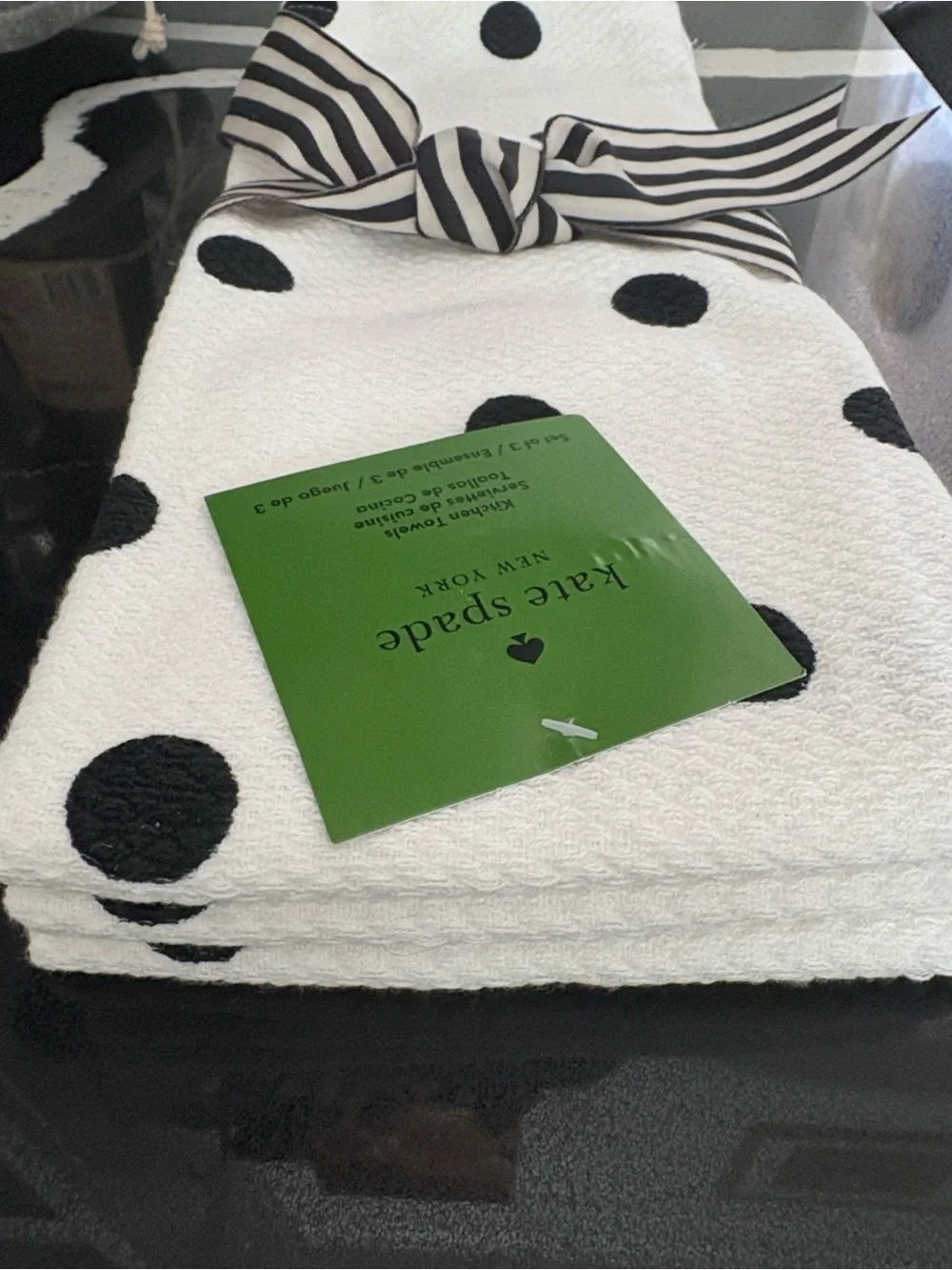 KATE SPADE Three black and white polka dot kitchen towels